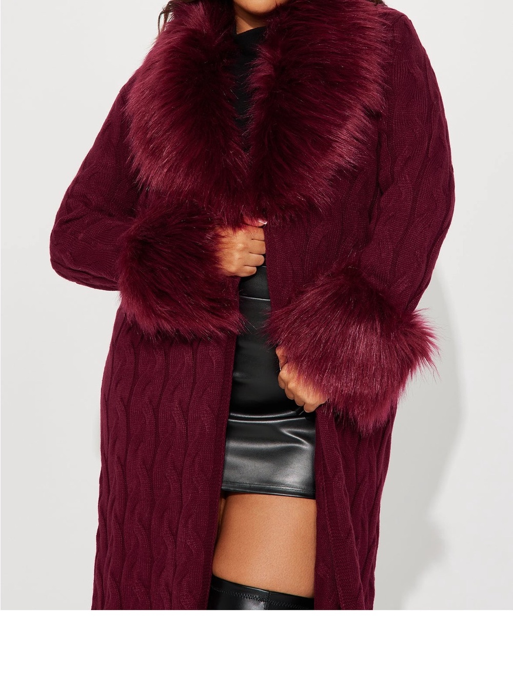 Faux Fur Trim Cable Knit Coat Cardigan Burgundy. *Tall Girl Friendly*